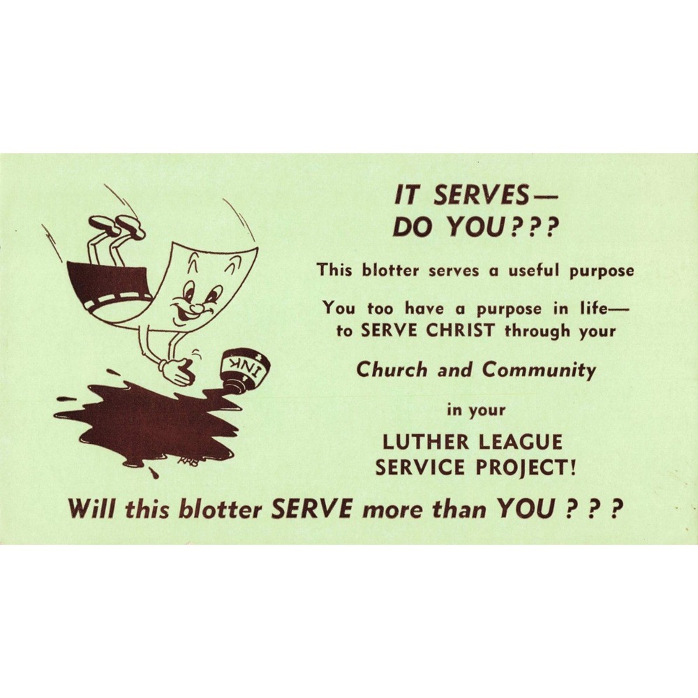 Vintage Ink Blotter Luther League Service Project Religious Cartoon Mid-Century - Picture 1 of 2